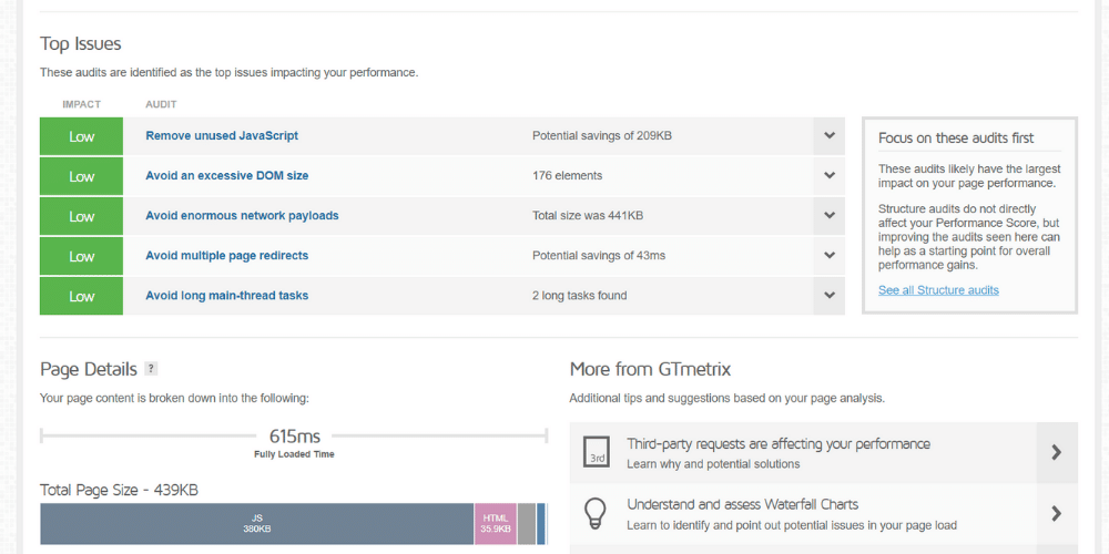 GTmetrix google report yksityiskohtainen