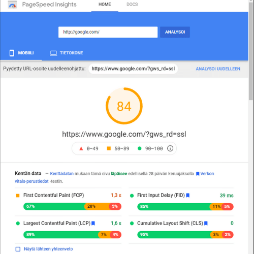 Pagespeed Insight hakukoneoptimoinnin tulos