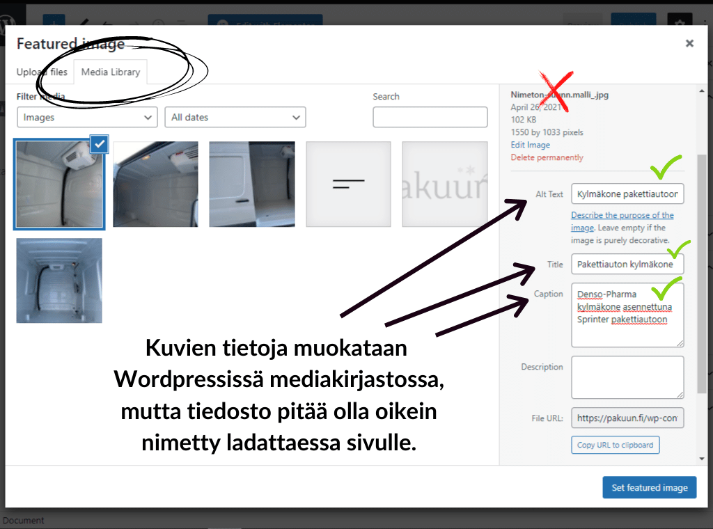 Kuvien SEO optimointi WordPressin editorissa