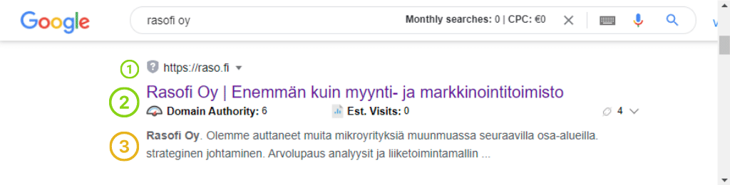 Esimerkki otsikkolauseesta ja metakuvauksesta Google hakutuloksissa