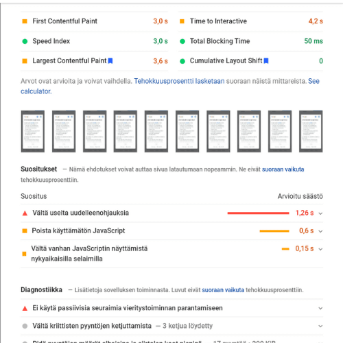 Google Pagespeed tulokset yksityiskohtainen näkymä