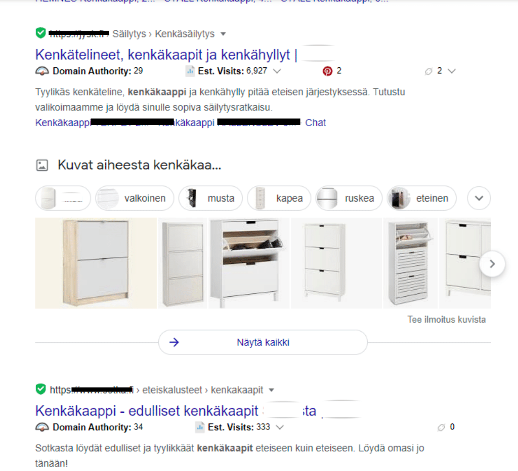 Esimerkki kuvien näkymisestä Google hakutuloksissa