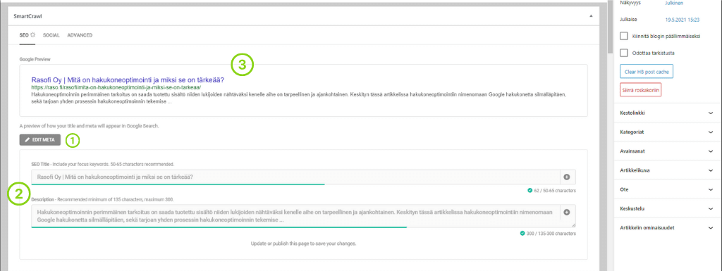 Smartcrawl lisäosa metakuvauksen ja otsikkolauseen tekemiseen